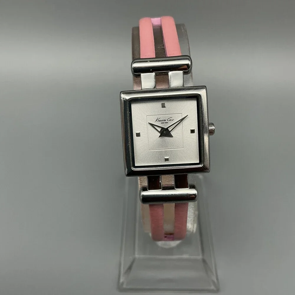 Kenneth Cole Womens Watch 20mm Silver Dial Pink Leather Square New Battery